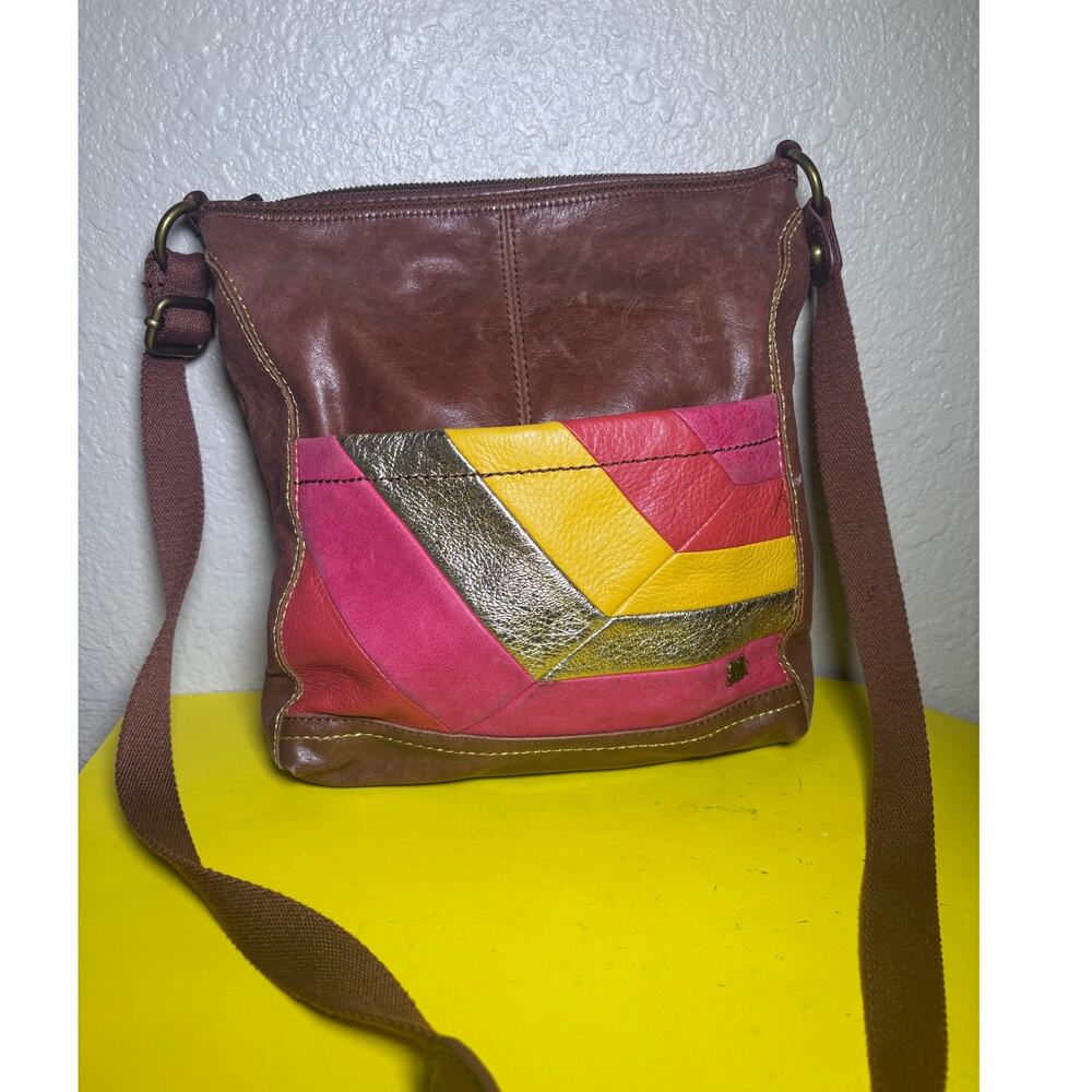 The Sak Brown Leather Crossbody Bag with colorful front
